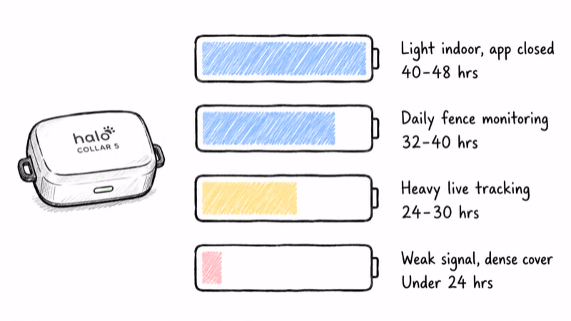 Halo Collar 5 battery runtime by usage pattern from light indoor to weak signal