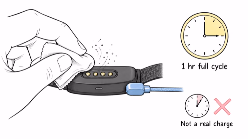 Cleaning Halo Collar 5 magnetic charging contacts to confirm a full one-hour charge