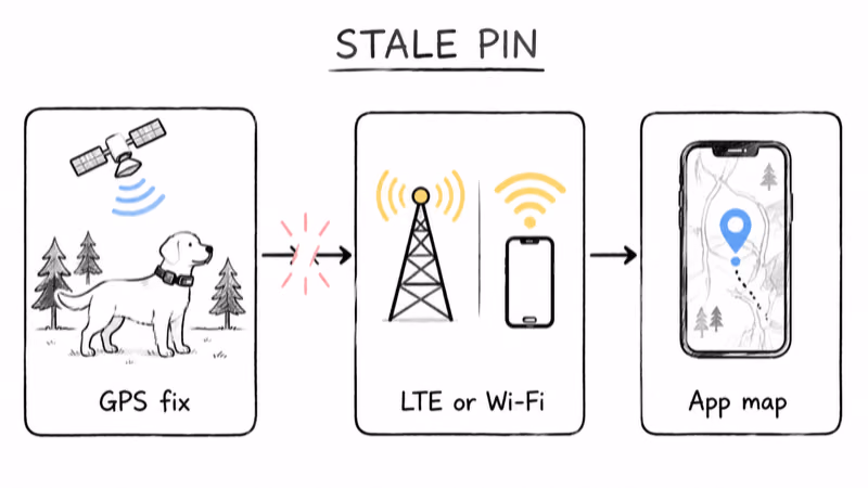 Three-link chain from GPS fix to LTE or Wi-Fi to app map showing where a stale Halo Collar 5 pin breaks