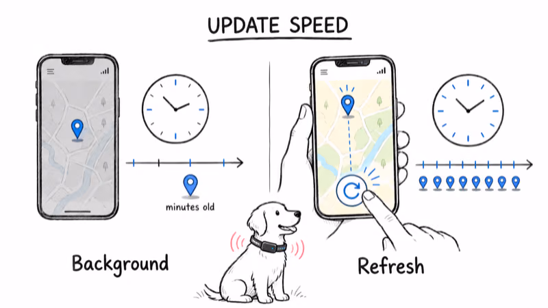 Comparison of slow background location reporting versus tapping Refresh for a faster live Halo Collar 5 update