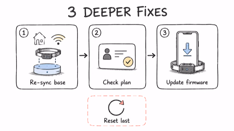 Three deeper Halo Collar 5 fixes: re-sync the base, check the plan, update firmware, with factory reset as last resort