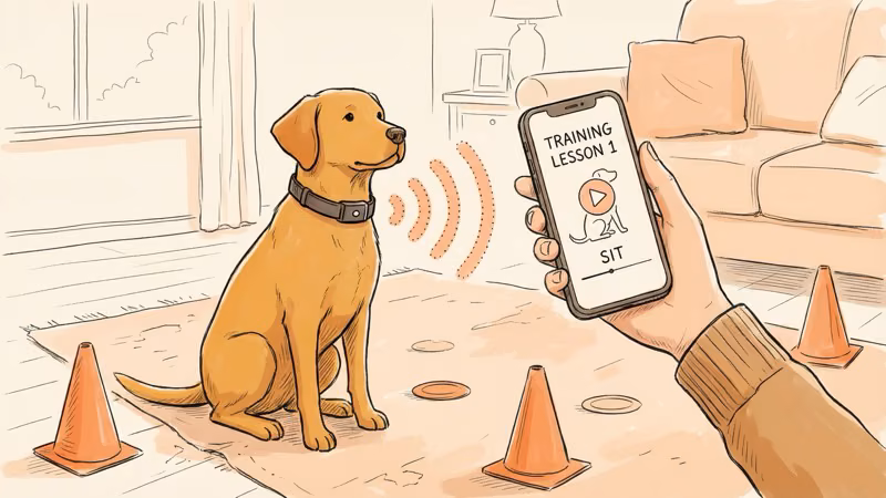 Illustration of a dog sitting attentively during a training session with a smart collar while owner holds a phone showing training lessons