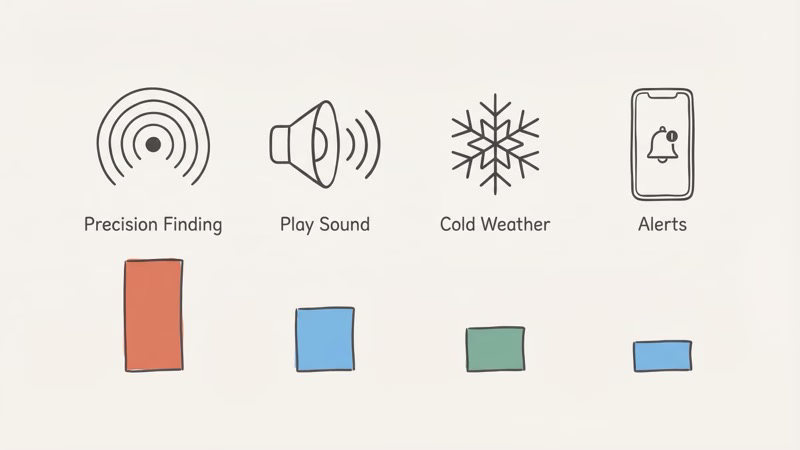 Factors that affect AirTag battery drain including Precision Finding, Play Sound, and cold weather