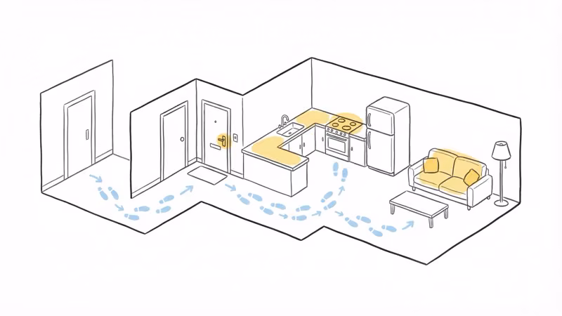 Person retracing their steps through a hallway to find lost keys