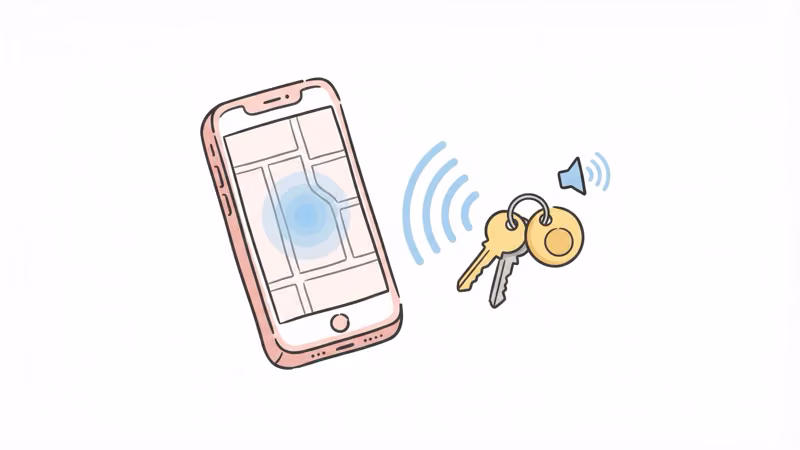 Bluetooth tracker attached to a keyring showing phone locator app