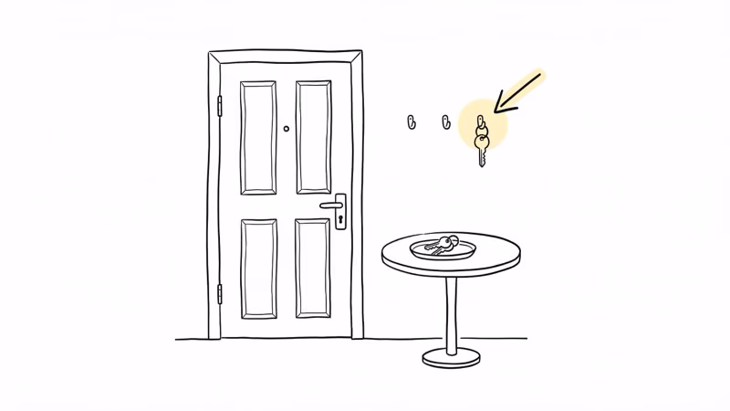 Entryway key hook and tray as designated spot to prevent losing keys