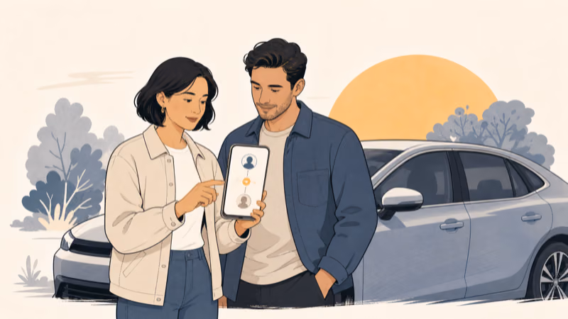 Wordless illustration of a vehicle owner and regular driver reviewing transparent location sharing and account access together