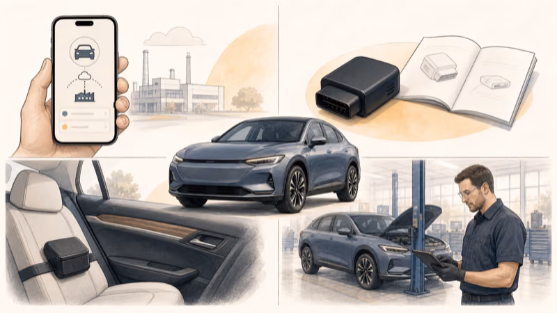 Wordless field-guide illustration comparing factory account, visible plug-in, secured portable unit, and professional installation