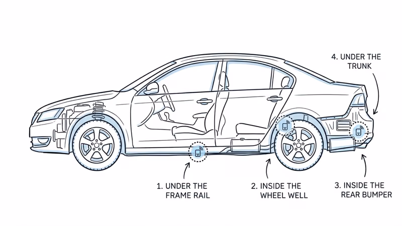 Car underside showing four recommended magnetic GPS tracker hiding spots on frame rail bumper and wheel well