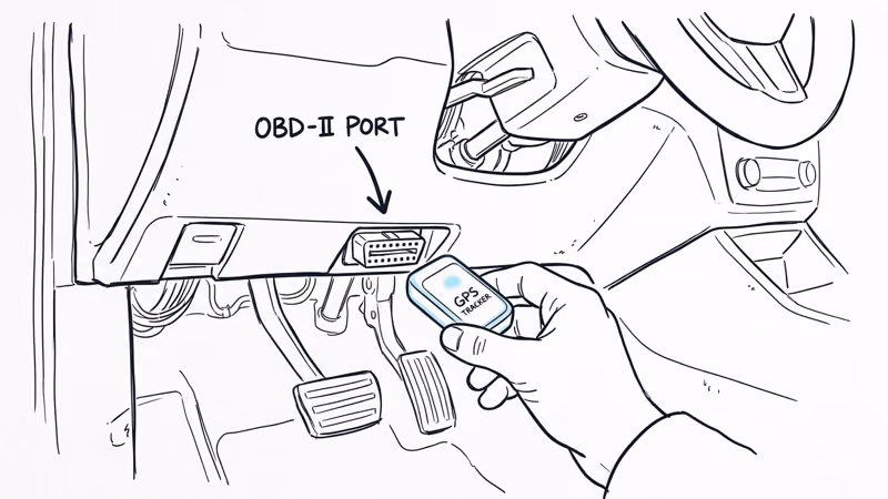 OBD-II diagnostic port location under driver-side dashboard with GPS tracker being plugged in