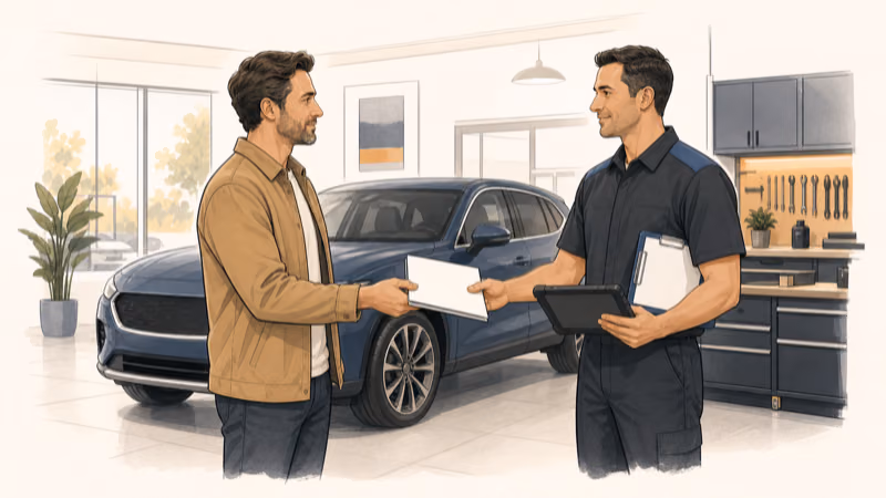 Wordless illustration of a vehicle owner handing product documentation to a qualified technician in a bright service bay