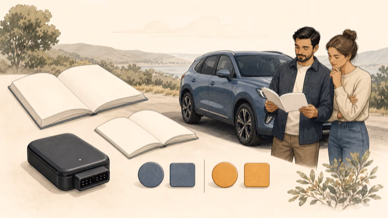 Wordless illustration of a visible removable tracker beside vehicle and product manuals with compatibility and driver-notice checks