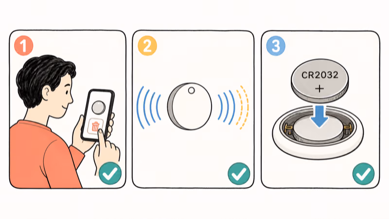 Three checks before pairing an AirTag again: account removal, the distinct fifth sound, and a fresh CR2032 battery