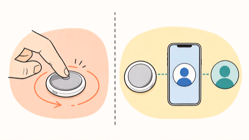 Illustration separating a physical AirTag reset from the owner's account association