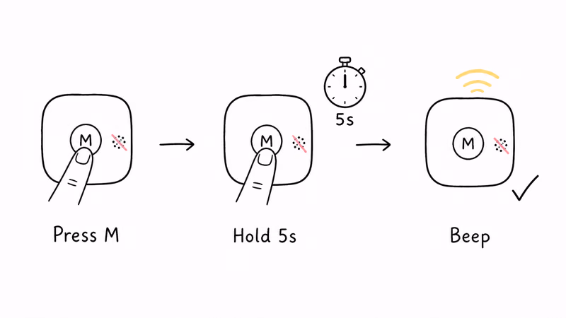 Moto Tag reset using the labeled M button, not the speaker hole: press, hold five seconds, confirmation beep