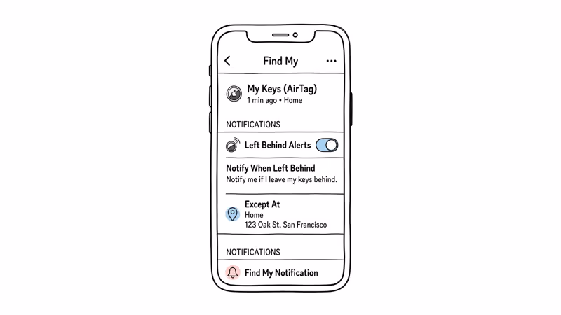 AirTag Left Behind notification settings with location exceptions in Find My app