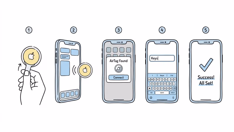 Five-step AirTag pairing process from pull-tab removal to Find My confirmation