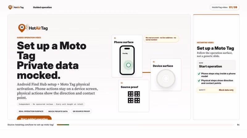Watch: set up a Moto Tag step by step on mocked screens.