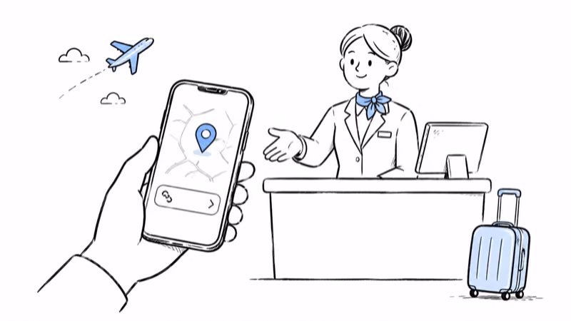 Notion hand-drawn illustration of an airline check-in counter with a phone showing a shared AirTag location link and small airplane and suitcase icons, representing airlines that accept Share Item Location