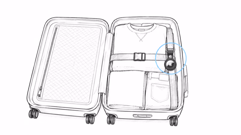 Notion hand-drawn illustration of an AirTag secured inside an open checked suitcase, clipped to an internal strap with a soft holder