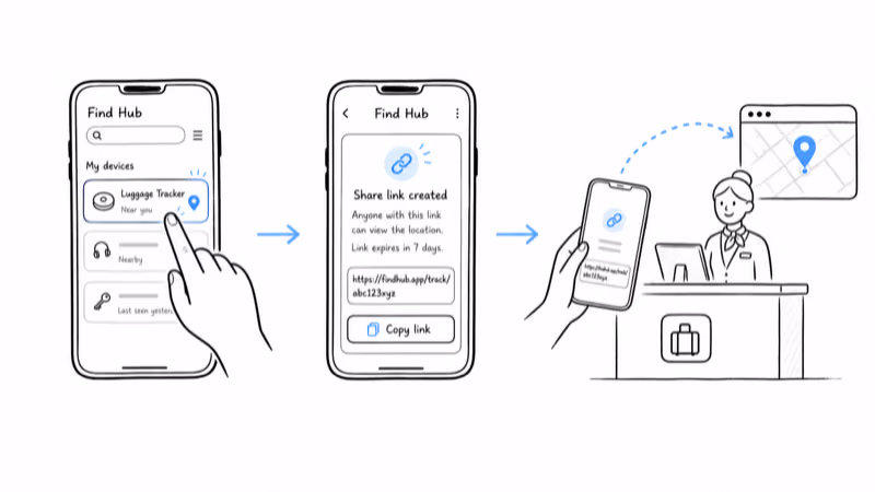 Steps to tap a tracker in Find Hub, copy the secure share link, and hand it to an airline agent
