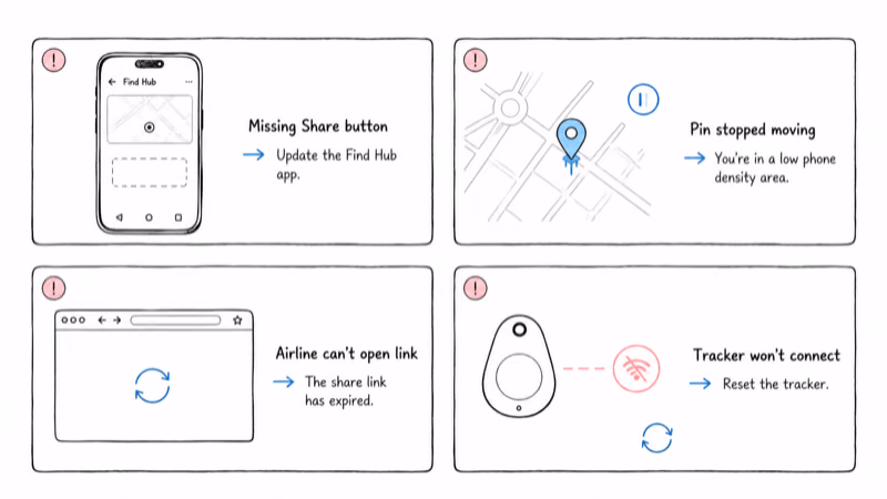 Four Find Hub share link problems and quick fixes for a missing button, frozen pin, expired link, and connection failure