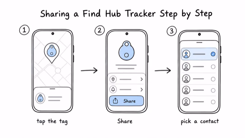 Phone showing the Find Hub three-step share flow: tap the tag, tap Share, pick a contact