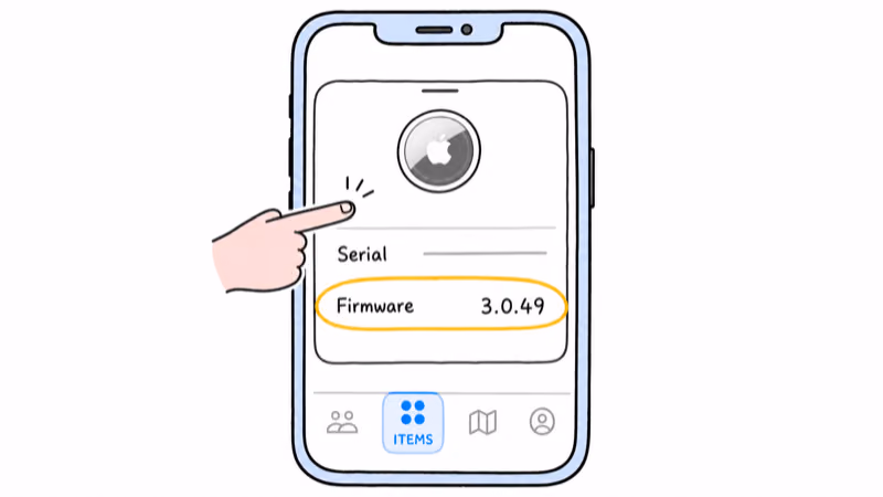 Find My item card on an iPhone with the firmware version 3.0.49 highlighted beneath the serial number