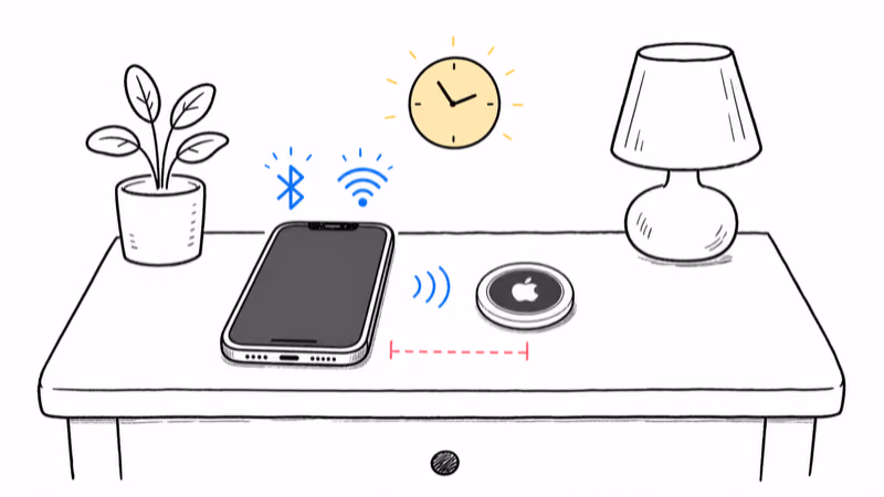 AirTag resting beside an iPhone on a nightstand overnight with Bluetooth and Wi-Fi on to speed a pending update