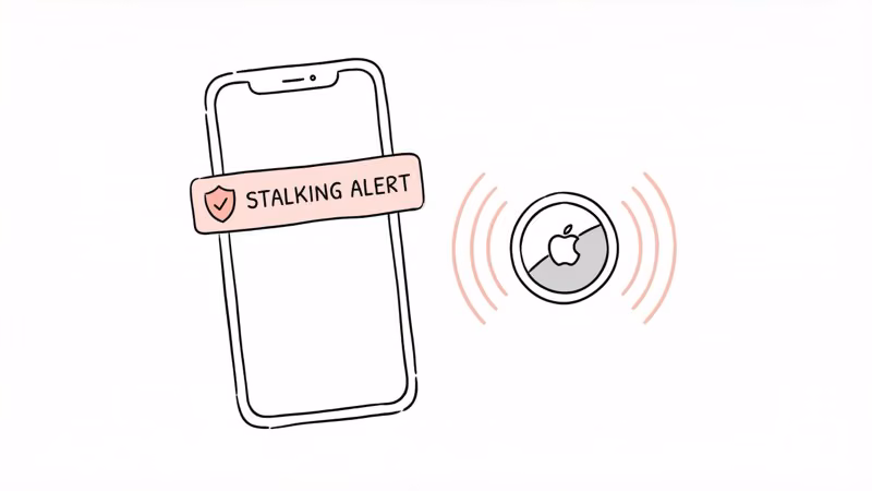 AirTag anti-stalking safety features showing phone alert notification and audible beeping