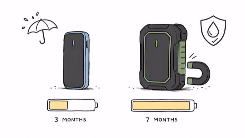Invoxia versus Tracki Pro battery life and waterproof rating compared side by side