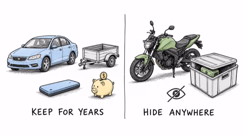 Invoxia for long-term vehicle tracking versus Tracki Pro hidden on a motorcycle or crate