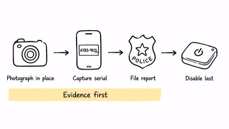 Four step order after finding a tracker: photograph in place, capture serial, file report, disable last