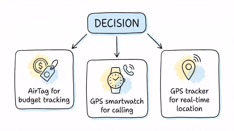 Decision flowchart for choosing a Jiobit alternative between AirTag, GPS smartwatch, and GPS tracker