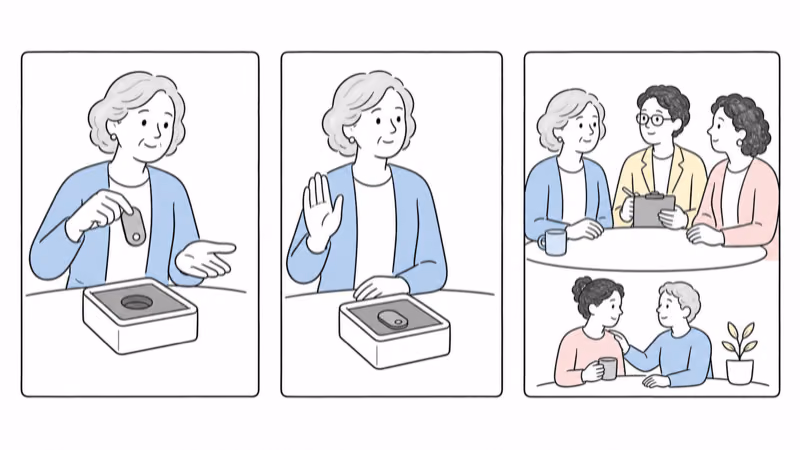 Wordless hand-drawn illustration showing an older adult accepting or declining a removable Jiobit trial, with qualified review and non-tracking support instead of concealment or locked wear