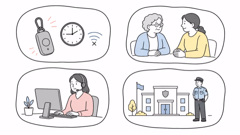 Wordless hand-drawn illustration separating an agreed Jiobit location role from human check-ins, a monitored alert service, and official missing-person response