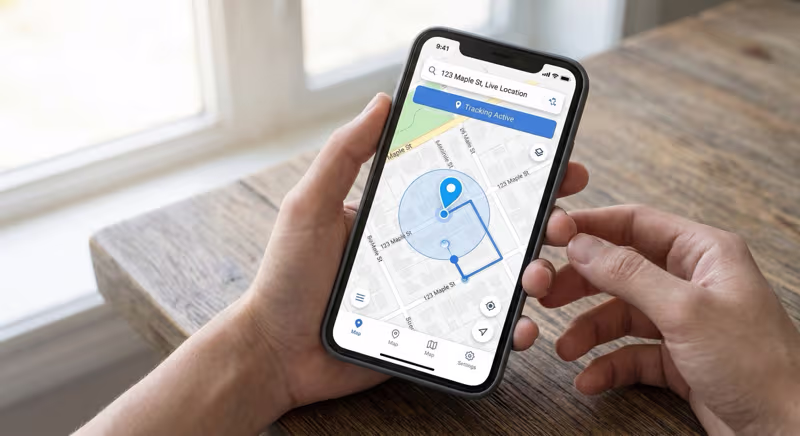 Jiobit app map interface showing real-time location dot on a street map