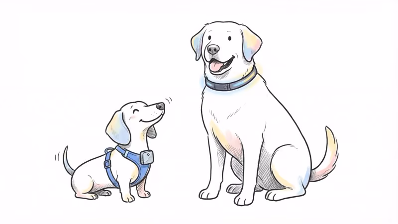 Small dog wearing Jiobit clip-on tracker next to large dog wearing Fi smart collar