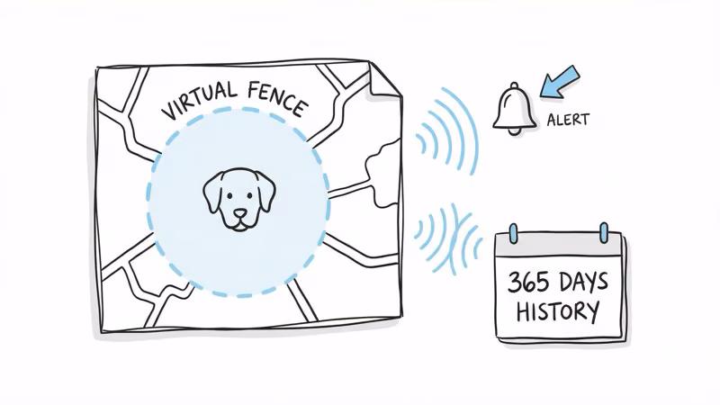 Virtual geofence boundary with push notification alerts and location history timeline for pet trackers