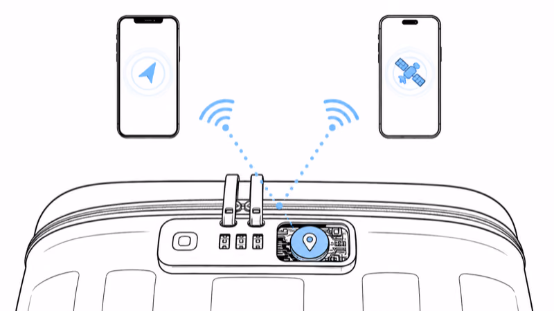 Diagram of the July CaseSafe TSA lock with a built-in tracker that connects to both Apple Find My and Google Find Hub networks