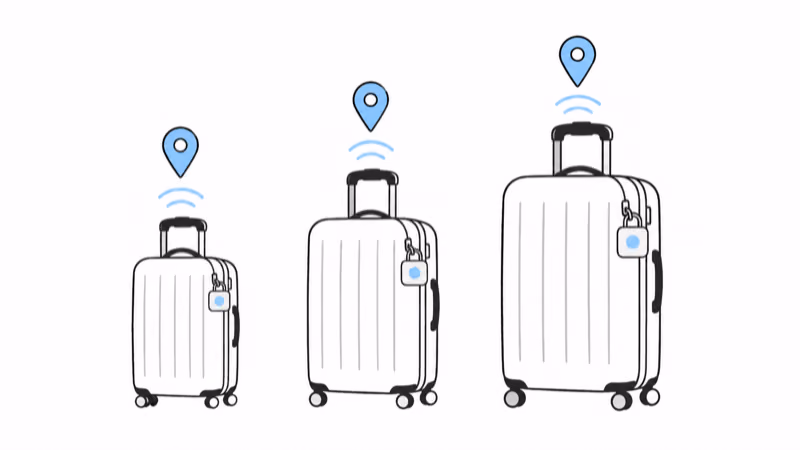 July CaseSafe carry-on, checked, and checked-plus suitcases lined up, suited to frequent flyers who want built-in dual-network tracking