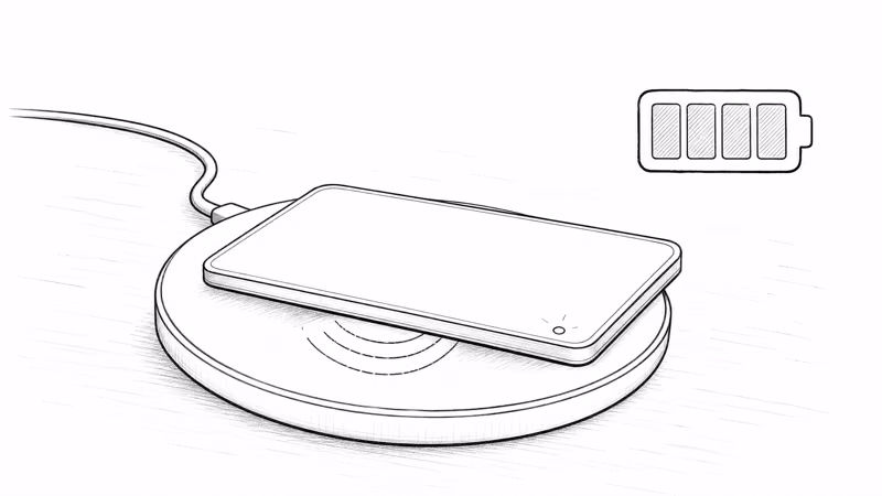 Slim tracking card recharging wirelessly on a Qi pad with a nearly full battery icon