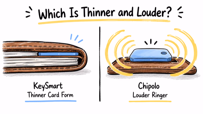 KeySmart card lying flush in a packed wallet versus Chipolo card ringing with loud sound waves