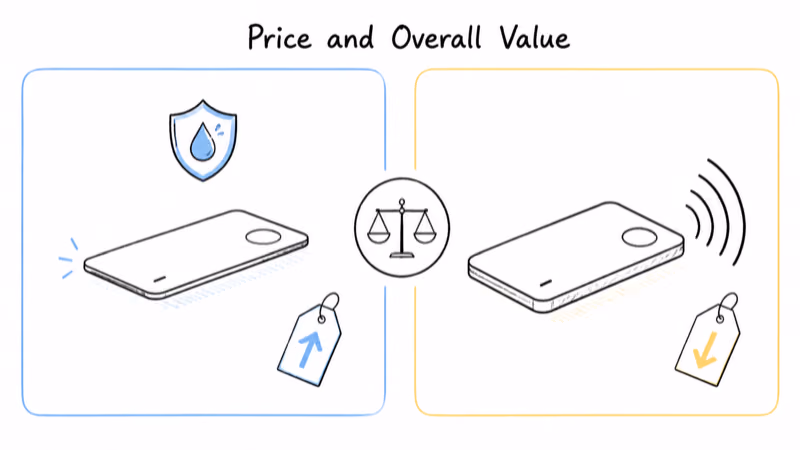 Decision panels weighing the slimmer sealed KeySmart at a higher price against the louder cheaper Chipolo card