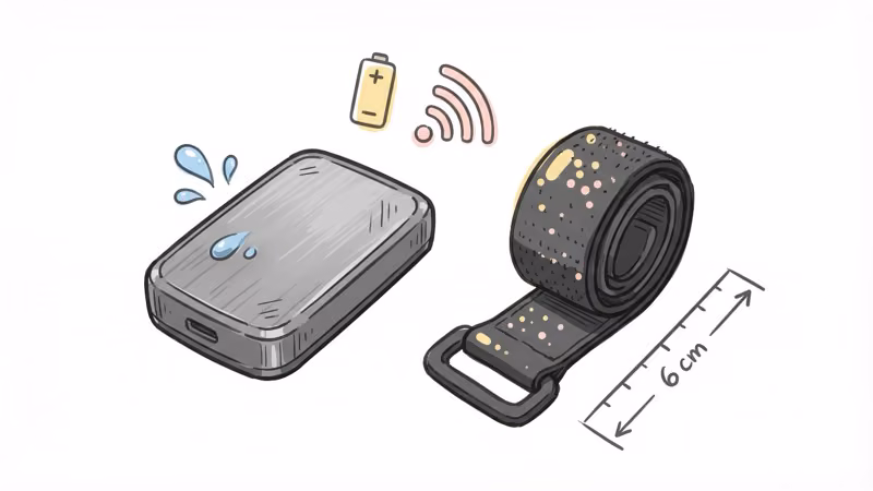 Kippy Vita S GPS pet tracker showing steel body design with velcro collar attachment and compact dimensions