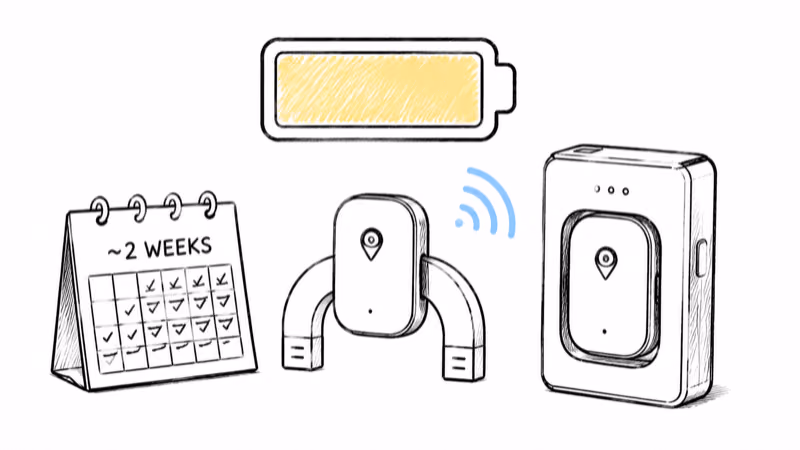 Hand-drawn GPS tracker with a nearly full battery, a two-week calendar, and an extended-battery case for long runtime