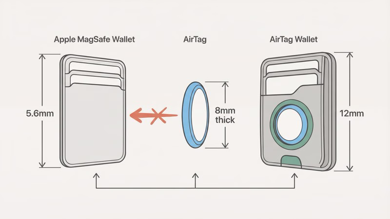 Thickness comparison between standard MagSafe wallets and AirTag-compatible models