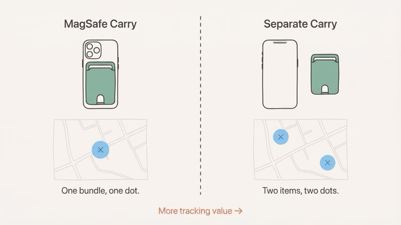 MagSafe wallet with AirTag versus separate AirTag wallet tracking scenarios