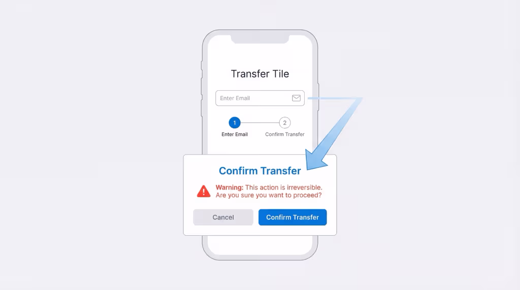 Tile transfer process showing how ownership moves to a new account