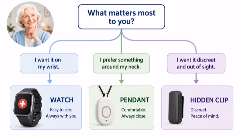 Decision guide matching a senior to a medical alert watch, pendant, or concealed tracker